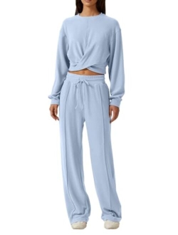 Women 2 Piece Outfits Sweatsuit Set Twist Front Cropped Sweatshirt Wide Leg Sweatpant Lounge Set Tracksuit