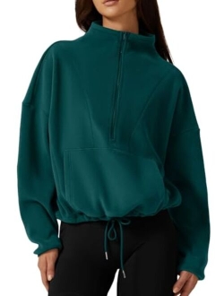 Women Half Zip Fleece Sweatshirt Mock Neck Long Sleeve Winter Cozy Sherpa Pullover Sweater Tops