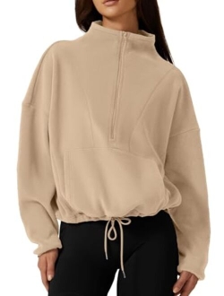 Women Half Zip Fleece Sweatshirt Mock Neck Long Sleeve Winter Cozy Sherpa Pullover Sweater Tops