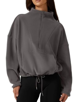 Women Half Zip Fleece Sweatshirt Mock Neck Long Sleeve Winter Cozy Sherpa Pullover Sweater Tops