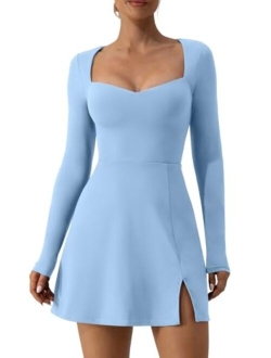 Women's Sweettheart Neckline Long Sleeve Dress Side Slit Stretch Flare Mini Dress