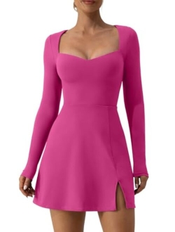 Women's Sweettheart Neckline Long Sleeve Dress Side Slit Stretch Flare Mini Dress