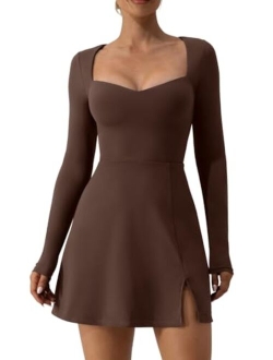 Women's Sweettheart Neckline Long Sleeve Dress Side Slit Stretch Flare Mini Dress