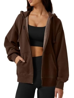 Women's Relaxed Zip-Up Hoodie Fall Oversized Sweatshirt Cozy Fleece Jacket with Pocket