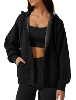 Women's Relaxed Zip-Up Hoodie Fall Oversized Sweatshirt Cozy Fleece Jacket with Pocket