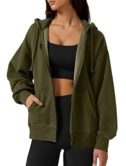 Women's Relaxed Zip-Up Hoodie Fall Oversized Sweatshirt Cozy Fleece Jacket with Pocket