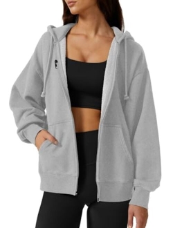 Women's Relaxed Zip-Up Hoodie Fall Oversized Sweatshirt Cozy Fleece Jacket with Pocket