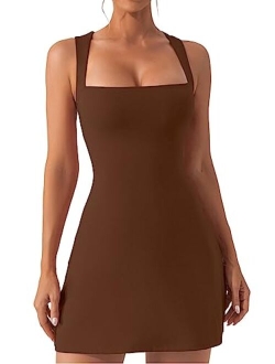 Women's Square Neck Bodice Dress Sleeveless Tank Top Stretch Flare Mini DressesNo Built in Shorts