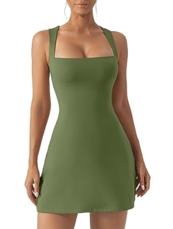 Women's Square Neck Bodice Dress Sleeveless Tank Top Stretch Flare Mini DressesNo Built in Shorts