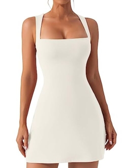 Women's Square Neck Bodice Dress Sleeveless Tank Top Stretch Flare Mini DressesNo Built in Shorts