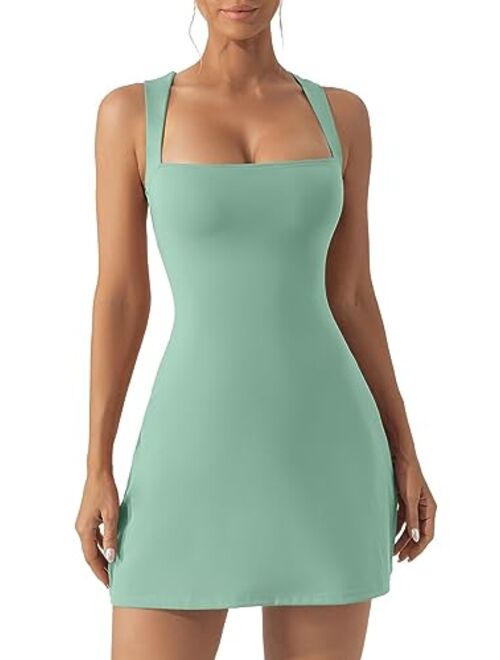 QINSEN Women's Square Neck Bodice Dress Sleeveless Tank Top Stretch Flare Mini Dresses（No Built in Shorts）