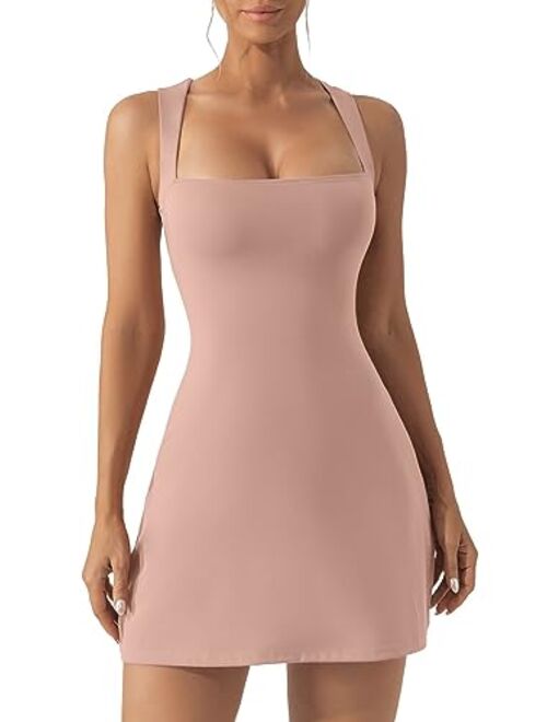 QINSEN Women's Square Neck Bodice Dress Sleeveless Tank Top Stretch Flare Mini Dresses（No Built in Shorts）