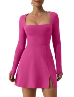 Womens Square Neck Bodice Dress Long Sleeve Side Slit Flare Mini Dresses