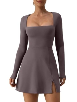 Womens Square Neck Bodice Dress Long Sleeve Side Slit Flare Mini Dresses