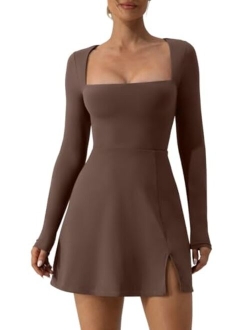 Womens Square Neck Bodice Dress Long Sleeve Side Slit Flare Mini Dresses