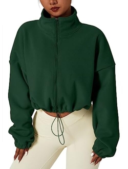 Women's Full Zip Fleece Short Jacket Warm Winter Long Sleeve Stand Collar Sherpa Crop Coat