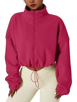 Women's Full Zip Fleece Short Jacket Warm Winter Long Sleeve Stand Collar Sherpa Crop Coat