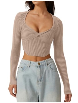 Women's Long Sleeve Crop Top Sweaters Cozy Ribbed Knit Going Out Pullover T Shirts