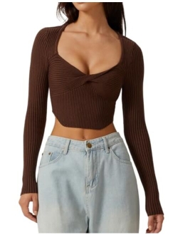 Women's Long Sleeve Crop Top Sweaters Cozy Ribbed Knit Going Out Pullover T Shirts