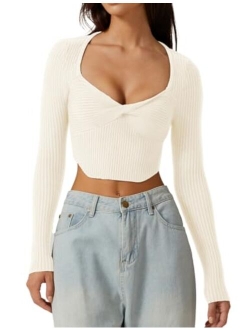 Women's Long Sleeve Crop Top Sweaters Cozy Ribbed Knit Going Out Pullover T Shirts