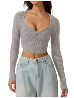 Women's Long Sleeve Crop Top Sweaters Cozy Ribbed Knit Going Out Pullover T Shirts