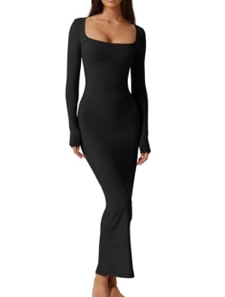 Women's Long Maxi Dress Square Neck Long Sleeve Ribbed Bodycon Lounge Dresses