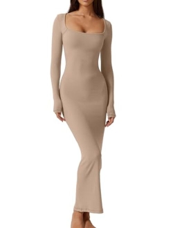 Women's Long Maxi Dress Square Neck Long Sleeve Ribbed Bodycon Lounge Dresses