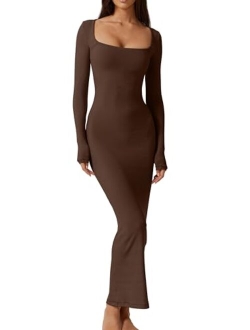 Women's Long Maxi Dress Square Neck Long Sleeve Ribbed Bodycon Lounge Dresses