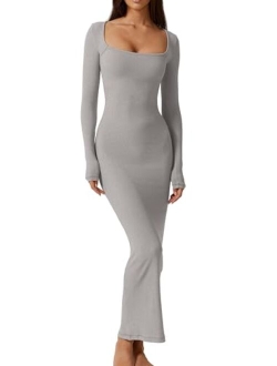 Women's Long Maxi Dress Square Neck Long Sleeve Ribbed Bodycon Lounge Dresses