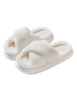 JANERIW-Women's Slippers,Warm And Cozy Fluffy Cross Open Toe House Shoes,Memory Foam Non-Slip Soft Thick Bottom Indoor/Outdoor