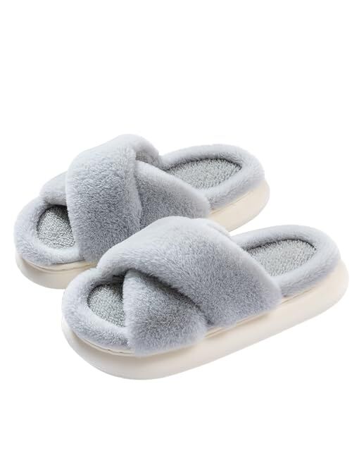 JANERIW-Women's Slippers,Warm And Cozy Fluffy Cross Open Toe House Shoes,Memory Foam Non-Slip Soft Thick Bottom Indoor/Outdoor