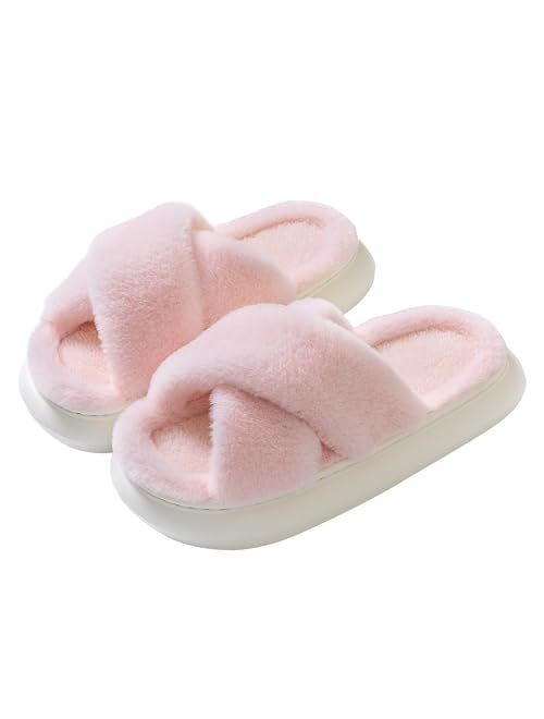 JANERIW-Women's Slippers,Warm And Cozy Fluffy Cross Open Toe House Shoes,Memory Foam Non-Slip Soft Thick Bottom Indoor/Outdoor