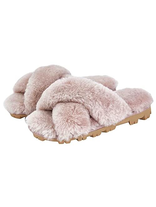 CLPP'LI Womens Cross Band Fluffy Fuzzette Slippers