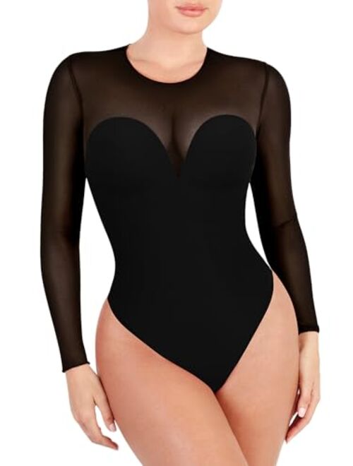 Popilush Shapewear Bodysuit For Women Tummy Control Long Sleeve Thong Bodysuit With Built In Bra Winter Outfits For Women