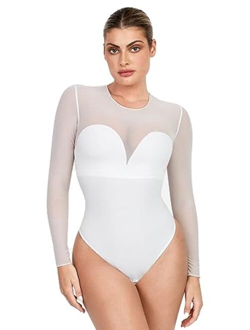 Popilush Shapewear Bodysuit For Women Tummy Control Long Sleeve Thong Bodysuit With Built In Bra Winter Outfits For Women