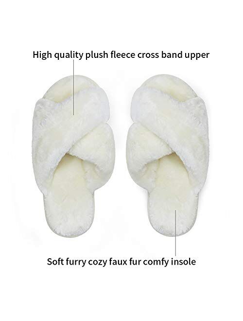 Vepose Women's Cross Band Slippers Soft Plush Furry Open Toe Fur Slides Fuzzy Fluffy Slip on House Shoes Indoor Outdoor Slippers