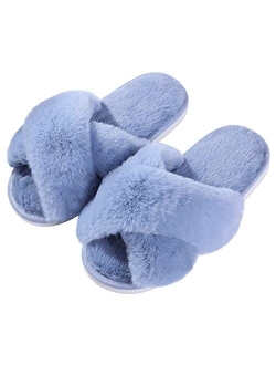 Evshine Women's Fuzzy Slippers Cross Band Memory Foam House Slippers Open Toe