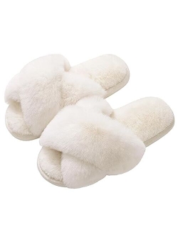 Evshine Women's Fuzzy Slippers Cross Band Memory Foam House Slippers Open Toe