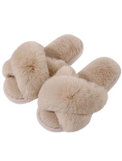 Evshine Women's Fuzzy Slippers Cross Band Memory Foam House Slippers Open Toe