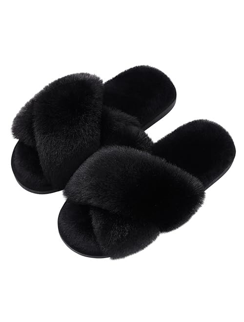 Evshine Women's Fuzzy Slippers Cross Band Memory Foam House Slippers Open Toe