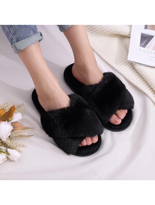 Evshine Women's Fuzzy Slippers Cross Band Memory Foam House Slippers Open Toe