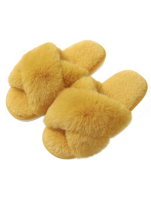 Evshine Women's Fuzzy Slippers Cross Band Memory Foam House Slippers Open Toe