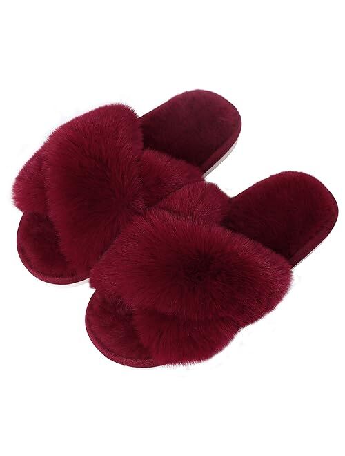 Evshine Women's Fuzzy Slippers Cross Band Memory Foam House Slippers Open Toe