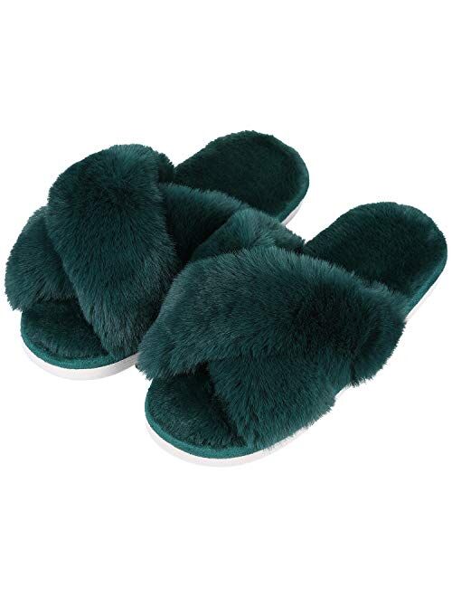 Evshine Women's Fuzzy Slippers Cross Band Memory Foam House Slippers Open Toe