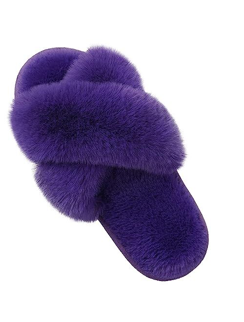 Evshine Women's Fuzzy Slippers Cross Band Memory Foam House Slippers Open Toe