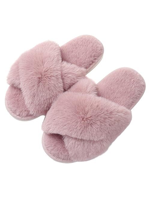 Evshine Women's Fuzzy Slippers Cross Band Memory Foam House Slippers Open Toe