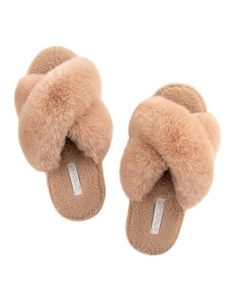 ULTRAIDEAS Women's Fuzzy Cross Band House Slippers with Cozy Faux Fur, Ladies Open Toe Indoor Outdoor Slip on Slippers