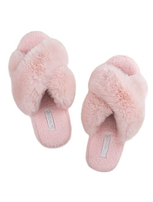 ULTRAIDEAS Women's Fuzzy Cross Band House Slippers with Cozy Faux Fur, Ladies Open Toe Indoor Outdoor Slip on Slippers