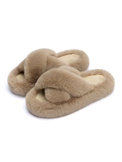 Chantomoo Women's Slippers Memory Foam House Bedroom Slippers for Women Fuzzy Plush Comfy Faux Fur Lined Slide Shoes Anti-Skid Sole Trendy Gift Slippers