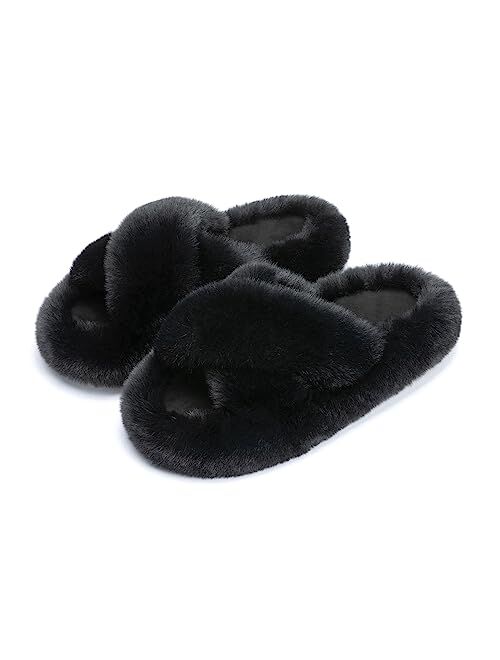 Chantomoo Women's Slippers Memory Foam House Bedroom Slippers for Women Fuzzy Plush Comfy Faux Fur Lined Slide Shoes Anti-Skid Sole Trendy Gift Slippers